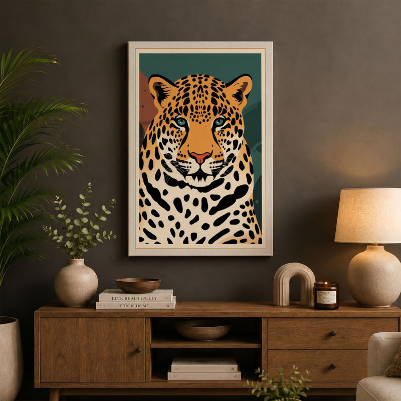 Leopard Portrait Geometric - Wrapped Canvas, 18x12 - 45.7 x 30.5 cm, Sage Border