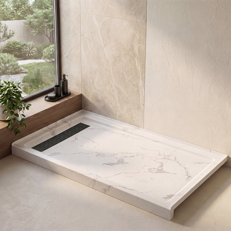 60"W X 36"D Rectangle Shower Base, Marble-Look Acrylic Shower Pan With Anti-Slip Texture, Left, Matte Black