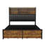 Industrial Metal Storage Bed With Bookcase Headboard & Charging Station (USB/Type-C), 140X200cm European Double / 160X200cm King, Rustic Brown & Black PU Frame With LED & 2 Drawers-386905197