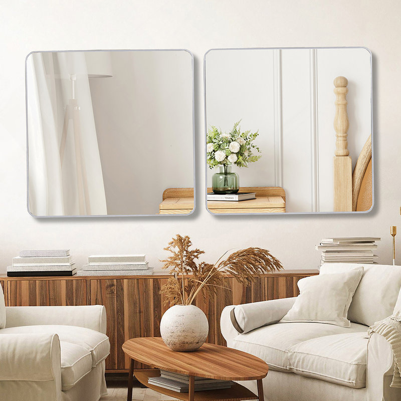 30 in x 30 in Silver Metal Framed Square Bathrrom Mirror for Wall., Silver, 30" x 30"
