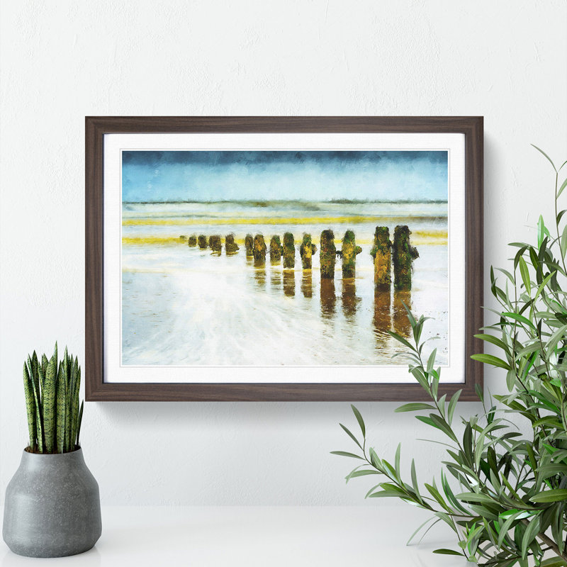 Groynes on Whitby Beach - Picture Frame Painting Print, Walnut Framed, 62cm H x 87cm W x 2cm D