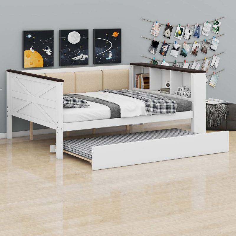 Wood Daybed With Storage Shelves, Upholstered Backrest,USB And Trundle, Full