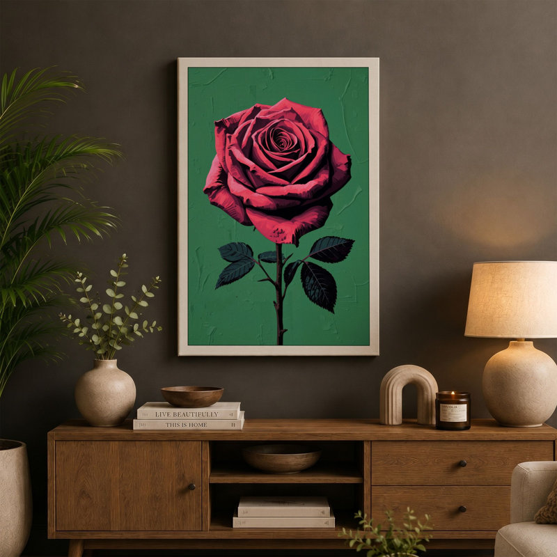Magenta Rose Botanical 1 Piece Wrapped Canvas Wall Art, 36x24 - 91.4 x 61.0 cm, White Border