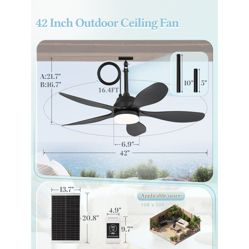  Ventilateur de plafond 42 po solaire et rechargeable imperméable avec lumière et télécommande pour patio, pavillon de jardin et pergola
