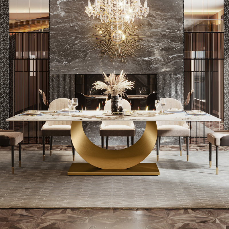 78.7" White Sintered Stone Dining Table with Gold Stainless Steel Base