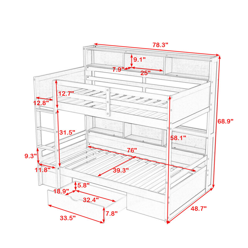 Halsy Kids Twin over Twin Drawer Wood Bunk Bed with Shelves, White