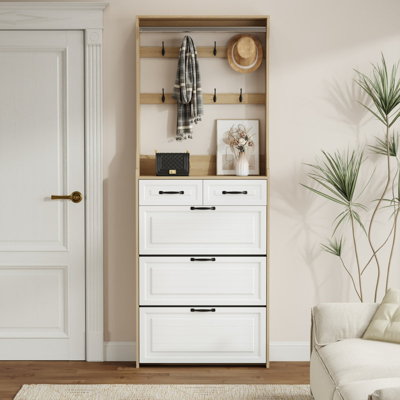 Nouvelle armoire à chaussures en bois, 3 portes et 2 tiroirs, équipée de cintres et d'un espace de rangement spacieux