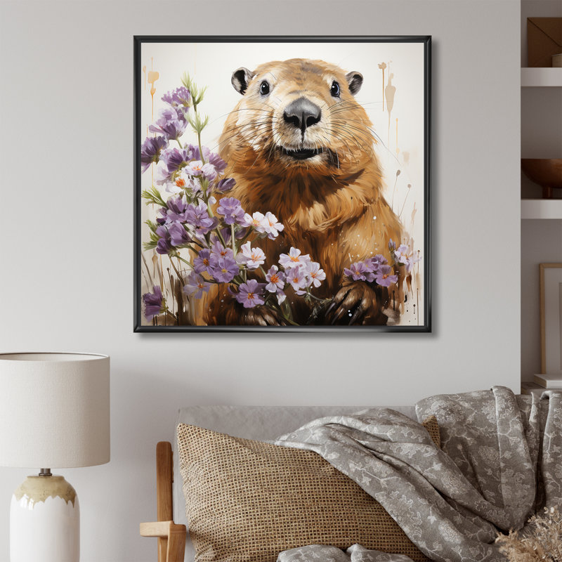 «Brown Tranquil Wetland Beaver Blooms», art mural animaux, Cadre flottant noir, H 30 po x l 30 po