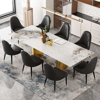 9 - Piece Dining Table Set With 94.5'' Extendable Sintered Stone Dining Table With 8 Faux Leather Wingback Chairs
