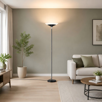 Black 72" LED torchiere standing lamp with remote and button controls, 1800Lm output, 30W dimmable lighting, and a 3000-6500K range; designed for living rooms, bedrooms, offices, and apartments.