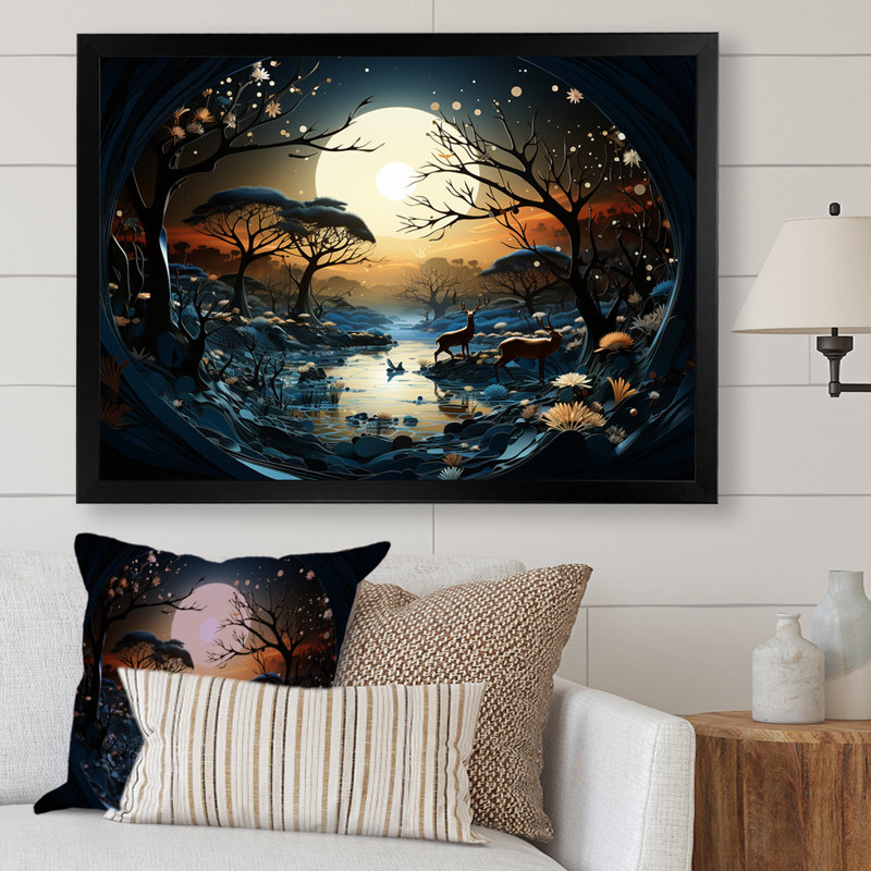 «Dreamy Moonlit Jungle I», art mural abstrait, H 12 po x l 20 po x P 1 po, Cadre d'angle fermé noir