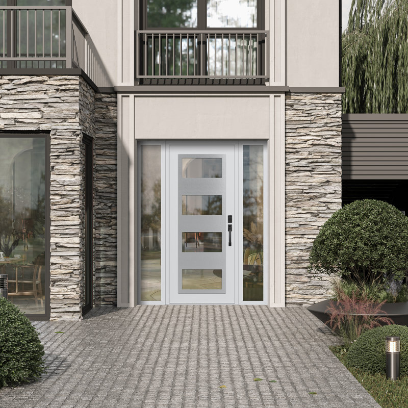 Porte d'entrée avant prémontée à panneau latéral blanc / blanc avec 2 panneaux latéraux en argent, L 69 po x H 81,69 po