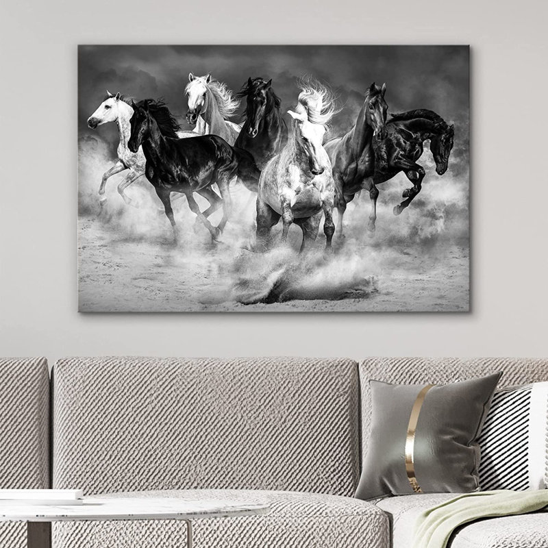 Courir, chevaux, photographie en noir et blanc, reproduction d'art sur toile encadrée, H 32 po x l 48 po, Toile tendue