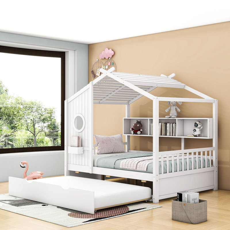 Lit plateforme en bois avec lit gigogne et tablettes de rangement, forme maison, Double, Blanc