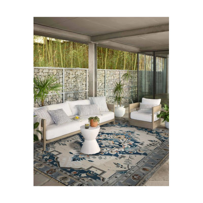 Vintage Blue Patterned Woven Base Machine Washable Rug