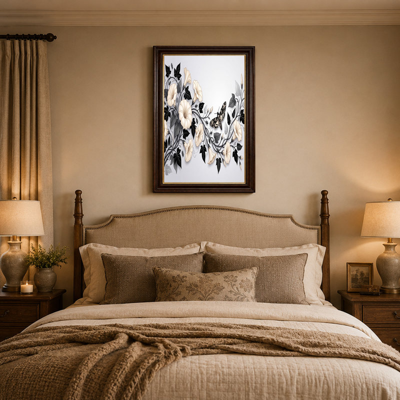 Toile crème avec fleurs de trompette sur vignes noires avec Hawkmoth, H 24 po x l 36 po