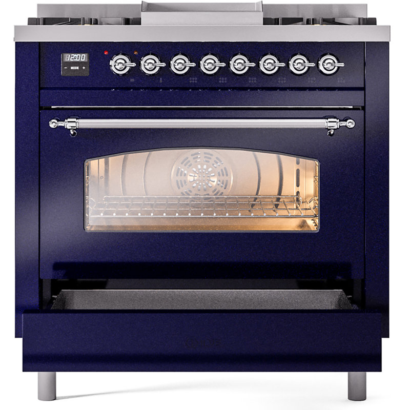 ILVE Nostalgie II 36 Dual Fuel Range, knobs, Midnight Blue/Chrome, Liquid Propane