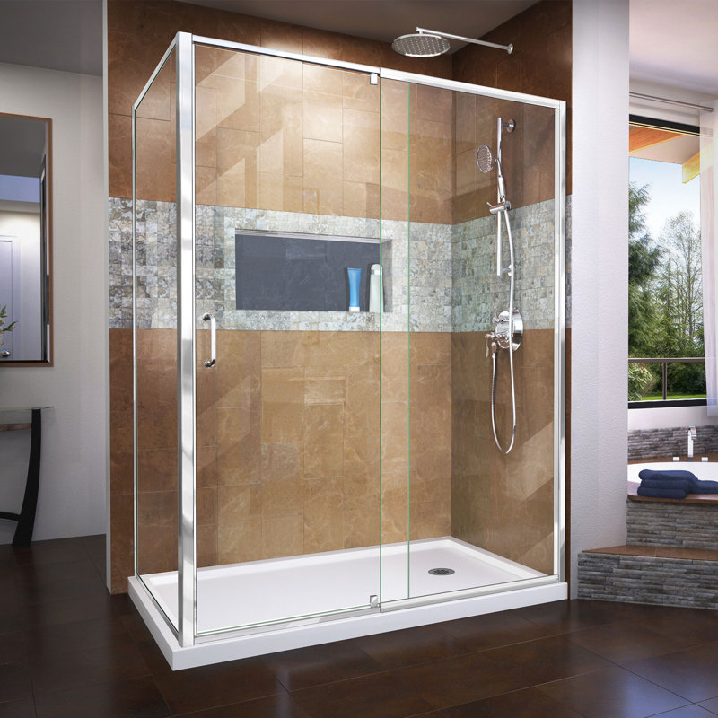 Flex 54.43" W x 34.5" D 72" H Semi-Frameless Rectangle Reversible Shower Enclosure with Fixed Panel, Chrome