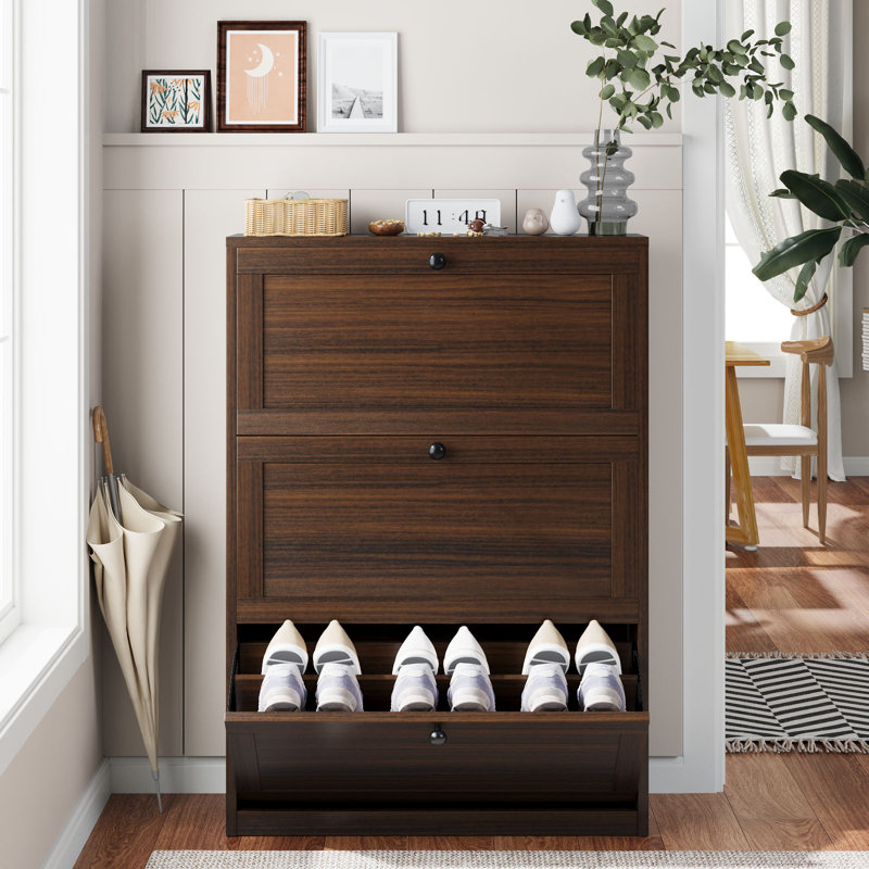Armoire de rangement à chaussures Lasherrie avec 3 tiroirs rabattables, Noyer