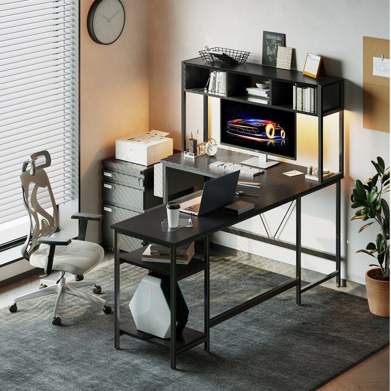 67 Inch L Shaped Desk with Power Outlet & LED Light, Home Office Corner Desk, Back