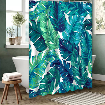 Rideau de douche à motif de feuilles tropicales turquoise avec 12 crochets