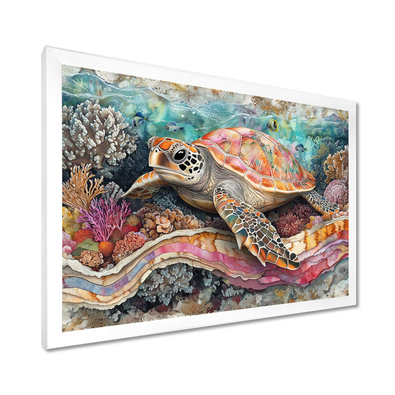 Cornellia Aquarium Turtle Coral Sanctuary III - Tortue, art mural, Reproduction encadrée d'une seule photo sans pass, Blanc