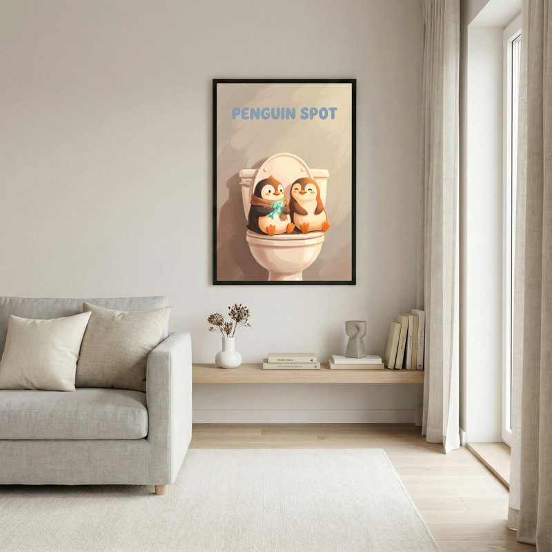 Ensemble de 1 tableau sur toile « Pingouins mignons sur les toilettes » (1 pingouin), H 24 po x l 16 po
