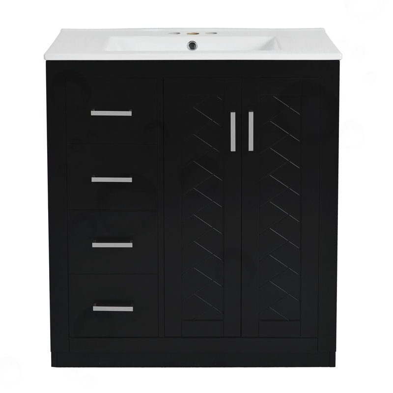 Bathroom Vanity with Ceramic Sink, 3 Drawers, Black