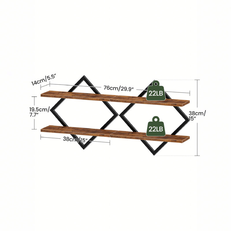 Diamond Frame 2-Tier Floating Shelves Set - Double Layer Hanging Storage For Industrial Chic Spaces, Brown Wood;Black