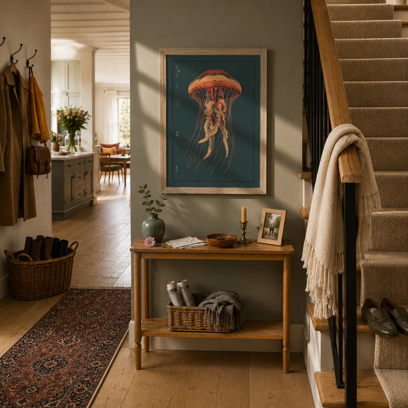 Luminous Jellyfish Coastal - Framed Print, A2 - 59.4 x 42.0 cm, Oak