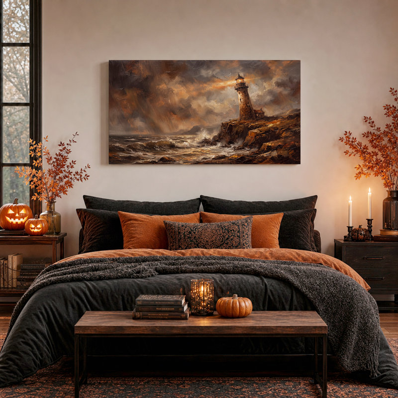 Phare sur falaise rocheuse en mer déchaînée - Toile murale d'Halloween, 32“W x 16”H