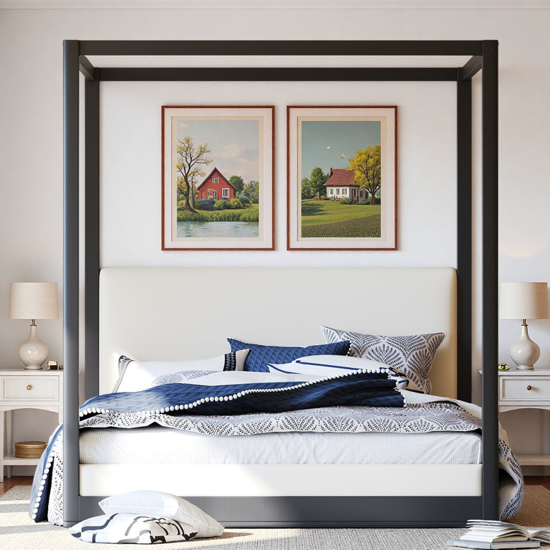 Lit à baldaquin avec tête de lit tapissier et base robuste, Noir, Grand lit