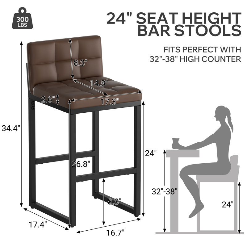Sturdy Modern Low-Back Counter Height Bar Stools with Metal Frame and Faux Leather Upholstery, Brown