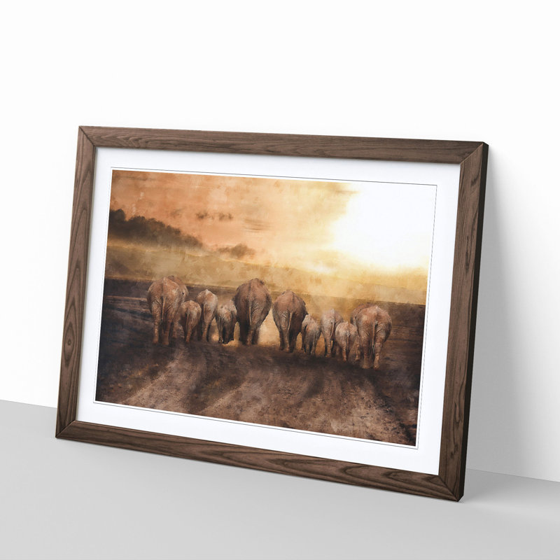 Herd of Elephants on a Dusty Road - Picture Frame Painting Print, 24cm H x 33cm W x 2cm D, Walnut Framed