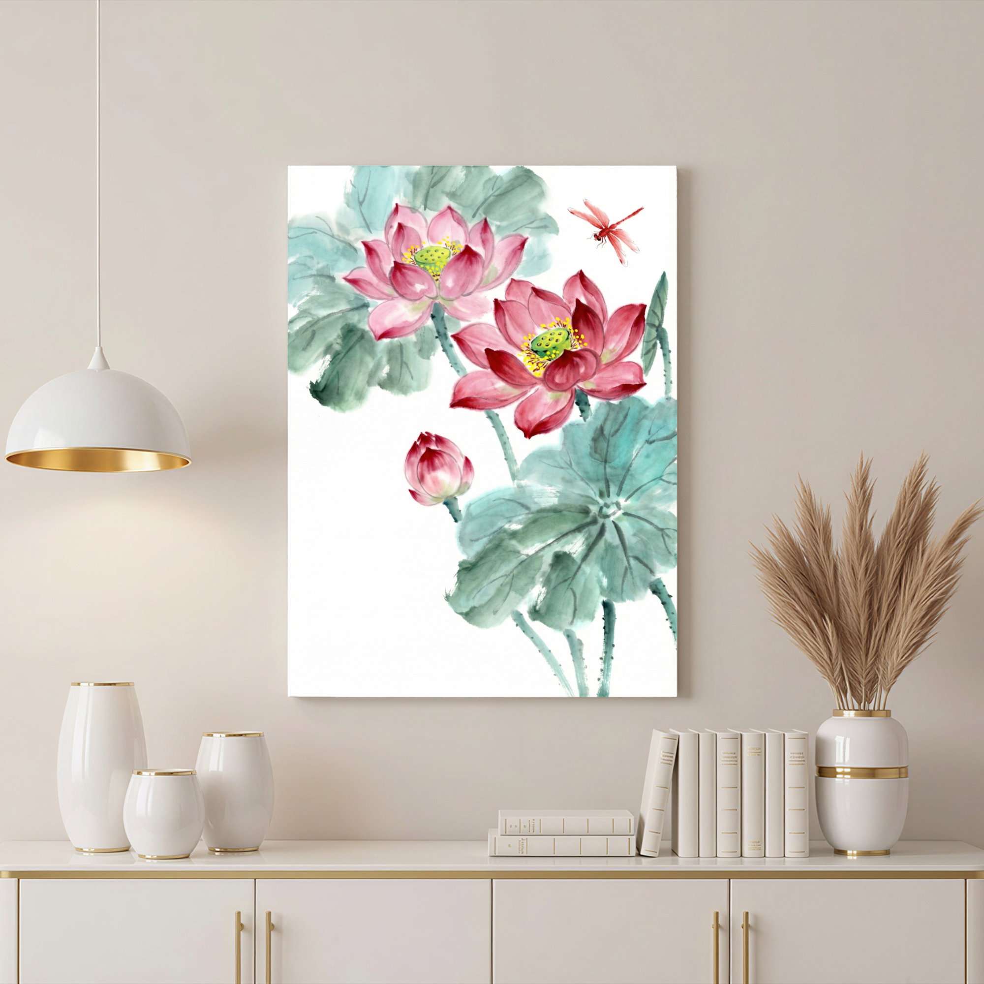 Red Barrel Studio Lotus Flower And Dragonfly Watercolor Canvas Wrapped ...