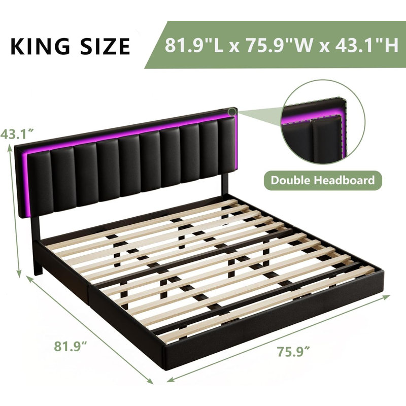 Floating bedstead double bed with RGB LED light, upholstered bedstead double bed with headboard, solid wood Flat noodles support, no spring, no noise, easy to assemble