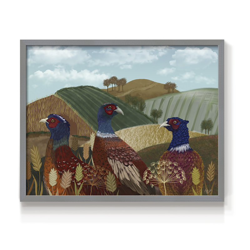 Trio de faisans dans un champ - Reproduction encadrée - Restickable, Gris, H 16 po x l 20 po