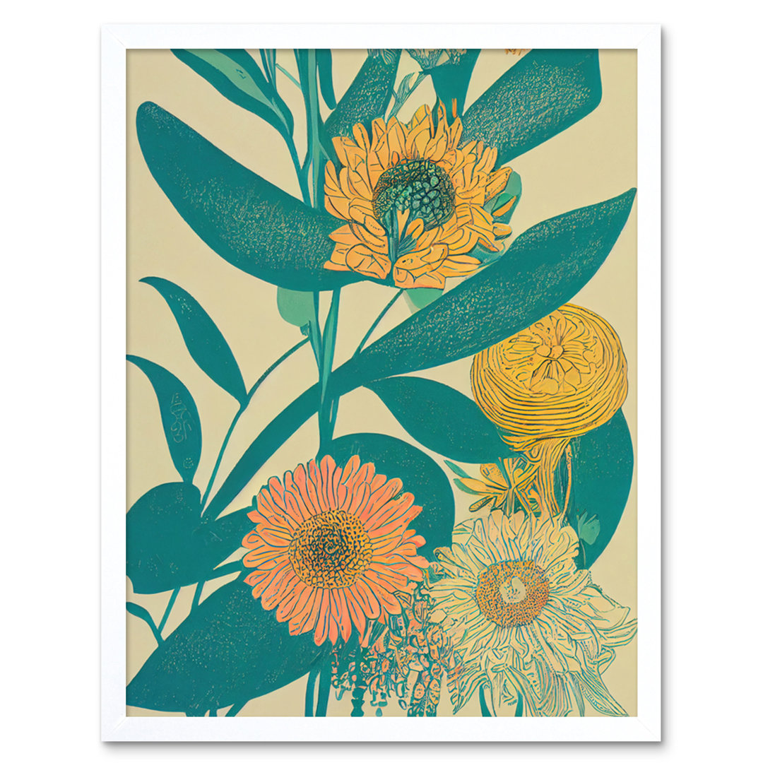 Marigold Daisy Flowers Turquoise Leaves Abstract - Art Prints