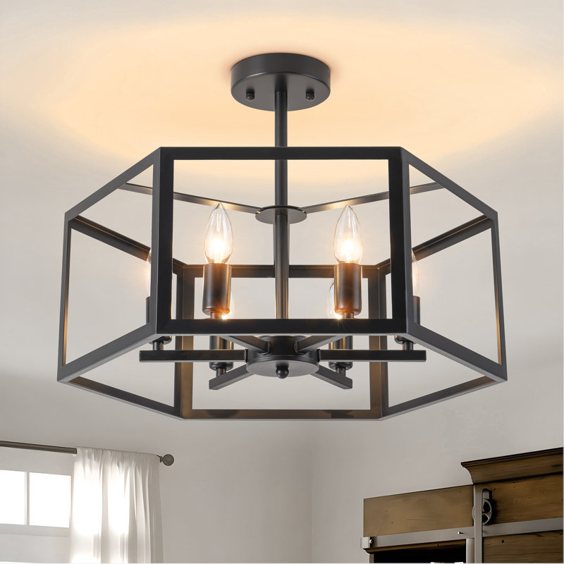 Luminaire de salle à manger 6 lumières semi-encastré de style lanterne industrielle 6 lumières, Noir mat