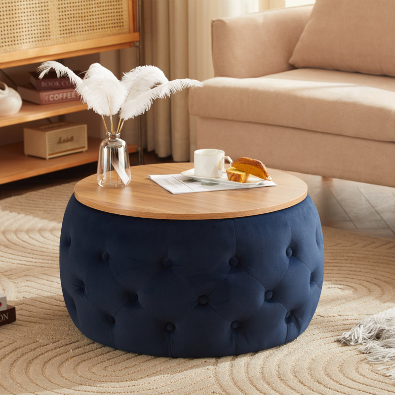 Table basse ronde avec rangement et plateau amovible, Bleu marine, H 14,6 po x L 26,7 po x l 26,7 po