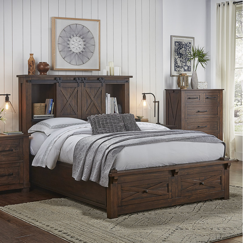 Carney Solid Wood Bookcase Storage Bed, Queen, Brown