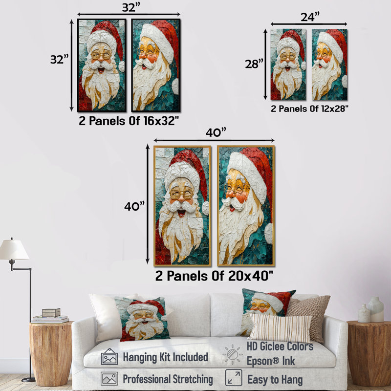 «Santa's Christmas Jolly Laugh I» - ensemble d'art mural de Noël père Noël 2 pièces, H 32 po x l 32 po, Toile tendue