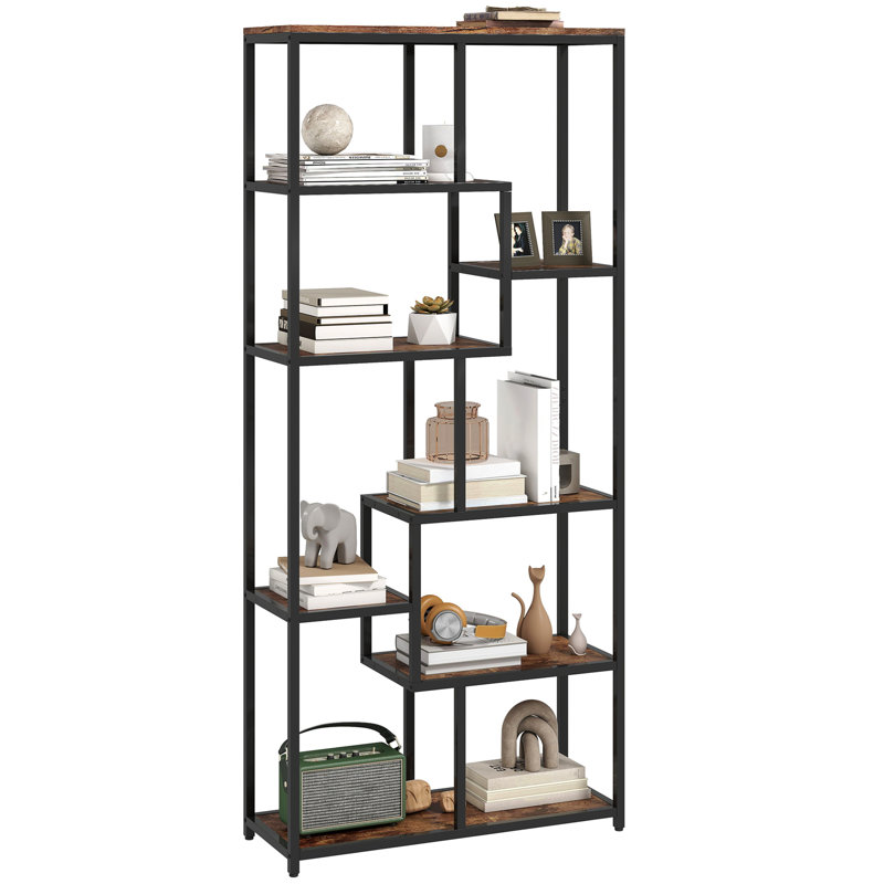 HOMCOM 7-Tier Bookshelf Industrial Floor Standing, Rustic Brown and Black, Brown/Black