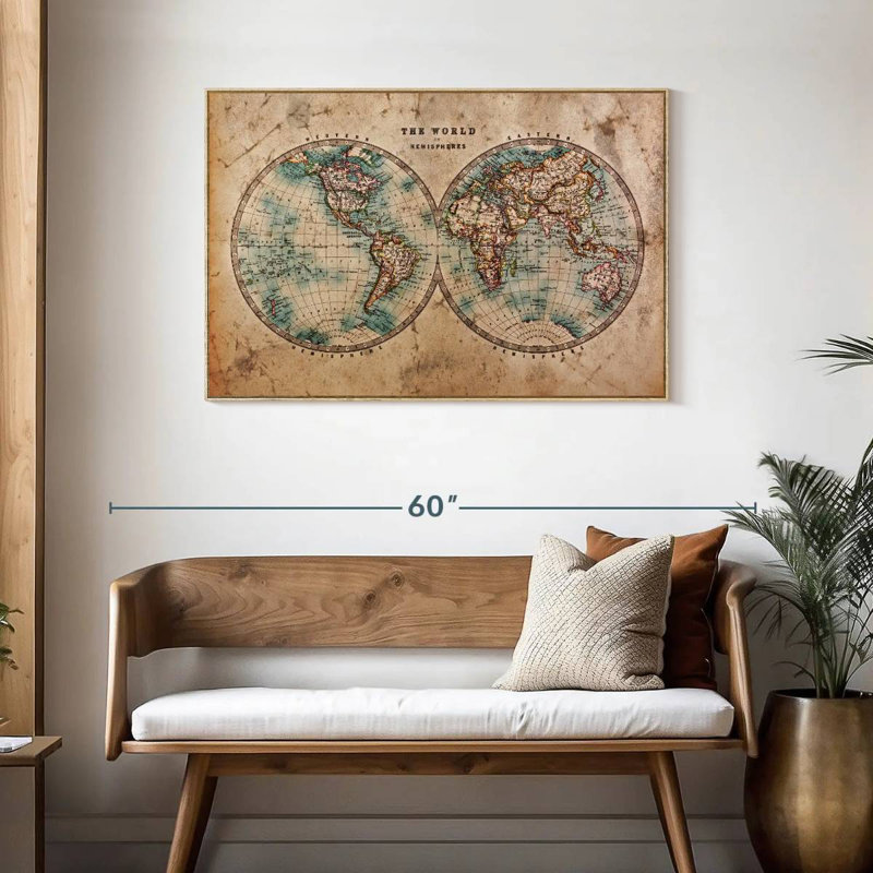 Hemisphere Map, 25" X 17", Floating Frame Natural Wood