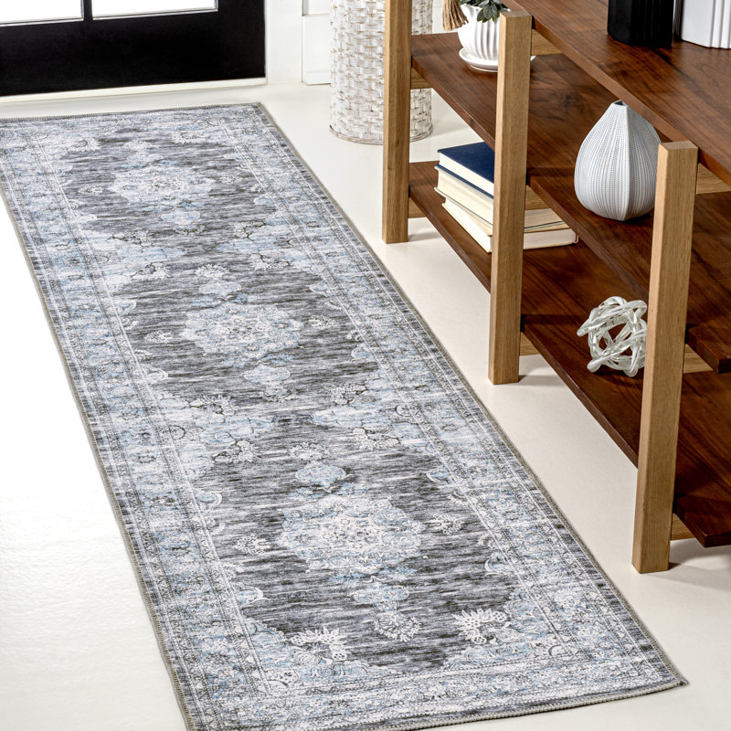 Tapis gris foncé / bleu Elloise Bohemian, Tapis de couloir 2 pi x 8 pi