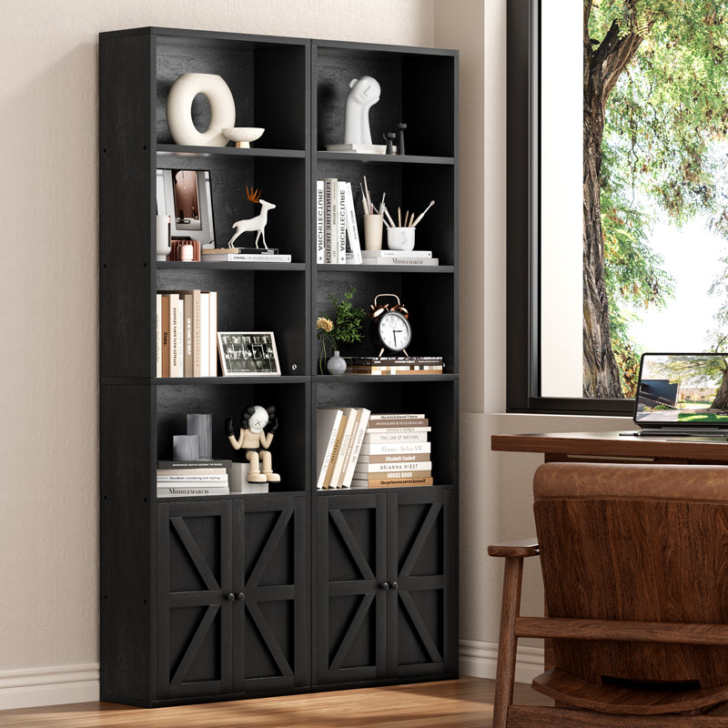 Tiranke Storage Bookcase with Door Cabinets, (6 Shelves) 71.2"H x 21.8"W x 9.3"D, Black