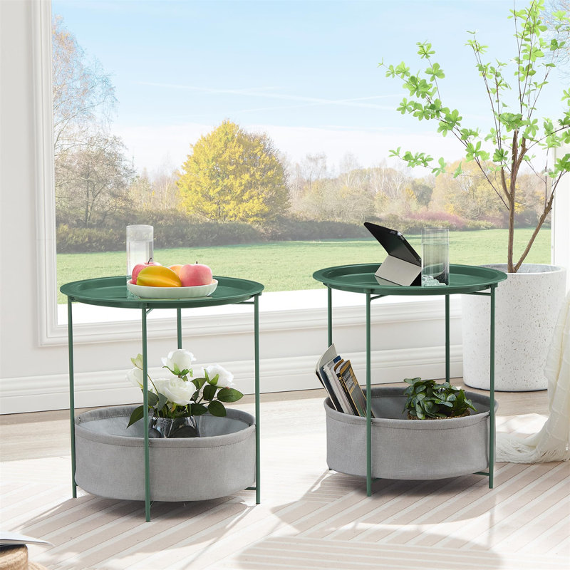 Ensemble de tables d'appoint avec rangement beige - 2 pièces avec paniers et plateaux en tissu, Noir