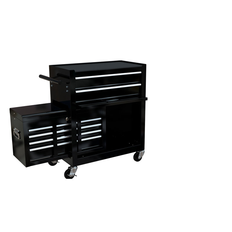Coffre à outils à 8 tiroirs à grande capacité en noir, armoire en acier, 4 po, serrure centrale, tiroirs à roulement, surface de travail avec crochets, coffre noir, structure, boîte verrouillable, crochets de suspension, panneau de travail,