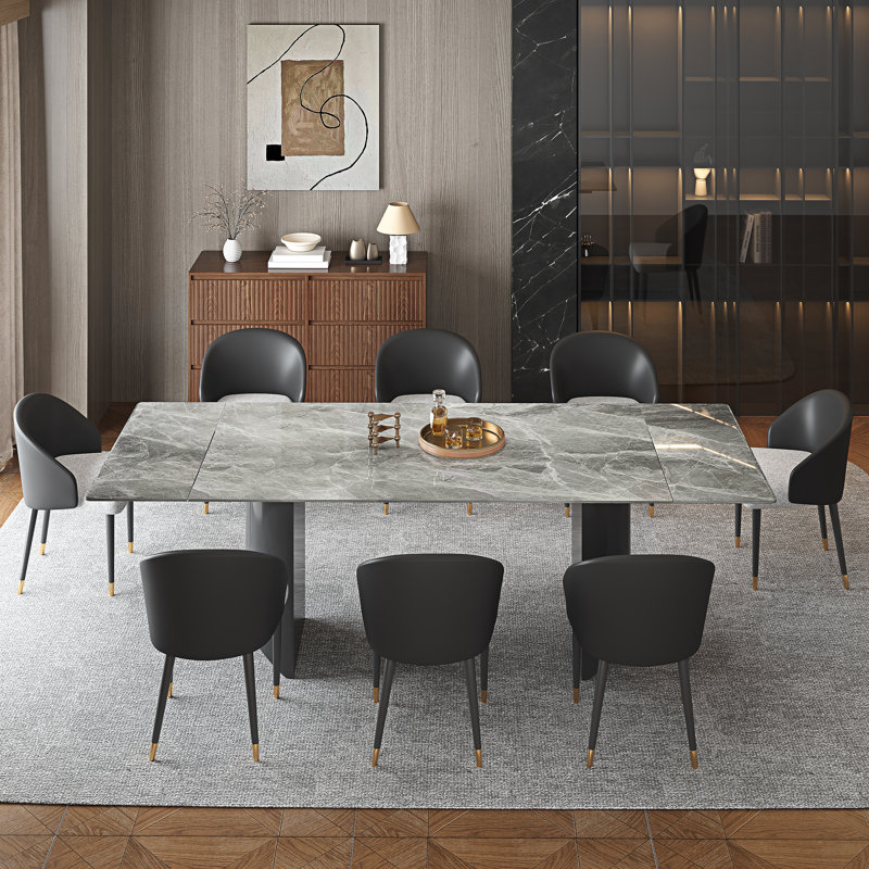 9 - Piece Dining Table Set With 63'' To 94.5'' Extendable Sintered Stone Dining Table With 8 Upholstered Fuax Leather Chairs
