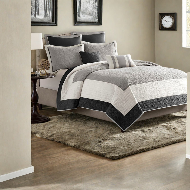 Elegant 7 Piece Bedding Set, Black Quilted With Modern Style
